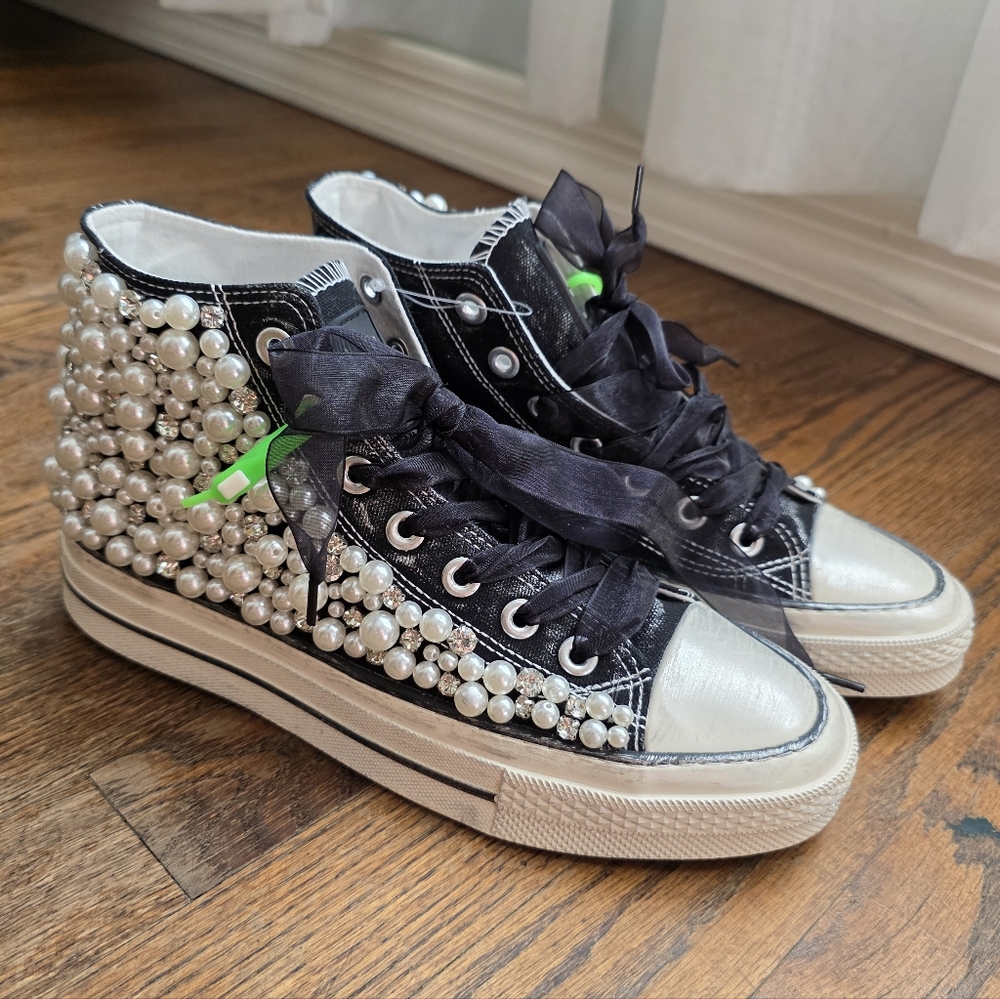 Pearl Crush Hi Top Sneakers by Nan-Ku at Free People in Black